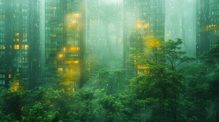Poster - The lush green forest and modern skyscrapers are double exposed in this green city.