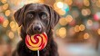 Chocolate Labrador Retriever Enjoying a Festive Lollipop with Colorful Neon Bokeh Background