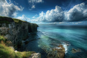 Canvas Print - Amazing View of Blue Ocean and Ancient Clif with Clouds in Background