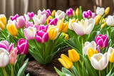 Fototapeta Natura - Easter Floral Delight. A composition featuring a variety of fresh spring flowers tulips