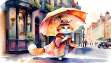 A Cat Wearing A Pink Dress And Carrying A Floral Parasol Walking On A Sidewalk In A Cityscape