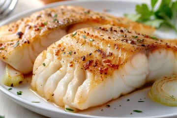 Deliciously Cooked White Fish Fillet with Grilled Onion and Herbs - Perfect Seafood Dish