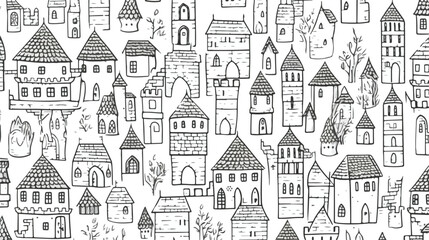  Medieval buildings seamless pattern background. Middl