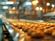 Automated bakery line, rows of uncooked pastries, soft focus, warm industrial ambiance, for gourmet ads .