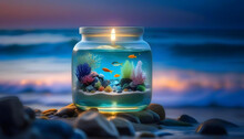 A Glass Jar Filled With Ocean Water, With Miniature Coral, Fish, Seaweed, And Rocks Inside. Blue Shimmering Dust Surrounds The Jar.