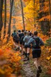 © Giantdesign - Professional Photography of a Personal Trainer Leading a Group of Runners on a Scenic Trail Run Through a Forest, Generative AI