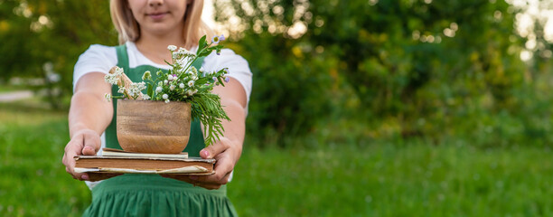 Wall Mural - A woman collects medicinal herbs and makes herbal tincture.