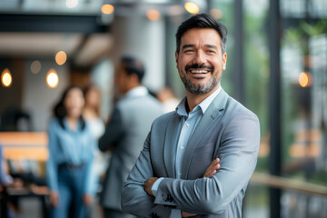 A business man in a suit is smiling and posing for a photo. He is surrounded by other people, some of whom are also smiling. Scene is happy and friendly, as everyone seems to be enjoying themselves