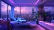 Modern interior design of living room, Taiwan, Taipei city skyline, purple and blue high contras