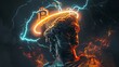 V cornered orange lightning and blue neon in the style of bitcoin on the head of an ancient Greek statue with a crown