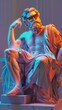 3D Greek god statue, in neon colors and orange highlights, sitting in a frame with sunglasses on, hyper realistic in the style of an ancient Greek sculpture