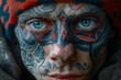 Intense Portrait of a Man with Traditional Tribal Facial Tattoos