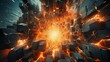 A captivating portrayal of an abstract geometric scene, illustrating an explosion power design where surfaces are dramatically crushed, rendered with intricate detail in 3D illustration
