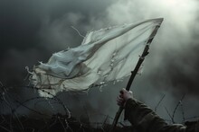 Arm Holding Stick With A Worn White Flag In Fog On Dark Background
