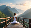 © Tahiti - Young woman practicing yoga on the bridge morning in the mountains. Harmony, meditation, healthy lifestyle, relaxation concept