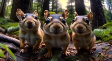 Three Chipmunks Look Directly At The Camera