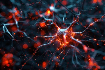 Poster - an abstract neuronal structure with intricate red fibers depicting neural activity or connectivity