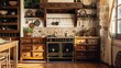 The interior of a rustic country kitchen featuring an elegant stove with built-in wooden cabinetry