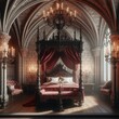 Chambre médiévale dans un château imaginaire avec lit à baldalquins rouge bordeaux et avec une suspente lumineuse ronde