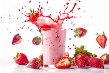 Wall Mural - Healthy strawberry smoothie milkshake with splashes in glass with strawberries fruits