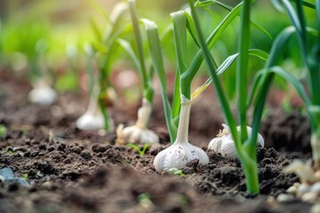 Garlic in the vegetable garden. The concept of spring or autumn gardening