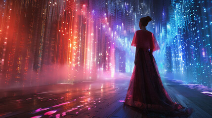 A metaverse fashion show catwalk, illuminated by digital landscapes and futuristic attire
