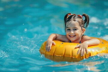 Wall Mural - Happy child in swimming pool swimming on an inflatable toy