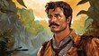 A man with a mustache and a yellow shirt is standing in a jungle. The man is looking at the camera