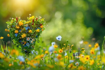 Wall Mural - blooming spring flowers heart shape on blurred green background