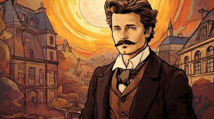Wall Mural - A man with a mustache stands in front of a building with a yellow sun in the background. The man is dressed in a suit and tie