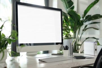Poster - Modern bright office with work desk and computer white mockup screen