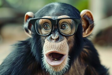 Wall Mural - Surprised chimpanzee wear glasses, funny animal