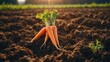 Fresh harvest of carrots on the ground in a vegetable garden, on a farm. Permaculture. Organic vegetables. Healthy vegan food. Farm and gardening concept, harvesting