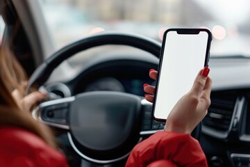 person driver holding phone white screen on steering wheel background