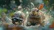 The rabbit and turtle racing, the rabbit and turtle airborne with speed. Cartoon animation and fantasy feel.