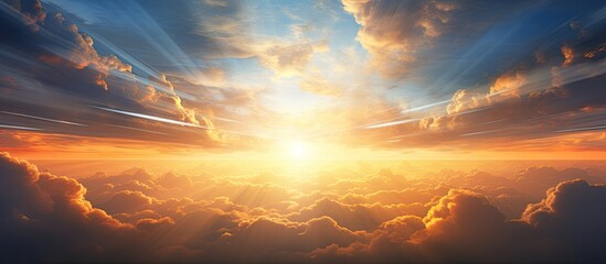 Wall Mural - the bright sun shining over the fluffy white clouds, casting a warm glow in the sky