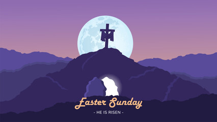 vector illustration of easter sunday with silhouette cross on the hill and moon. suitable for poster