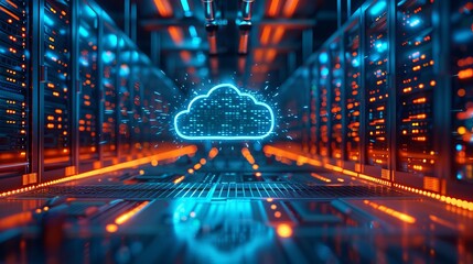 3D rendering of a server room data center with a floating blue cloud icon inside, symbolizing the integration of cloud technology in data management and storage systems.