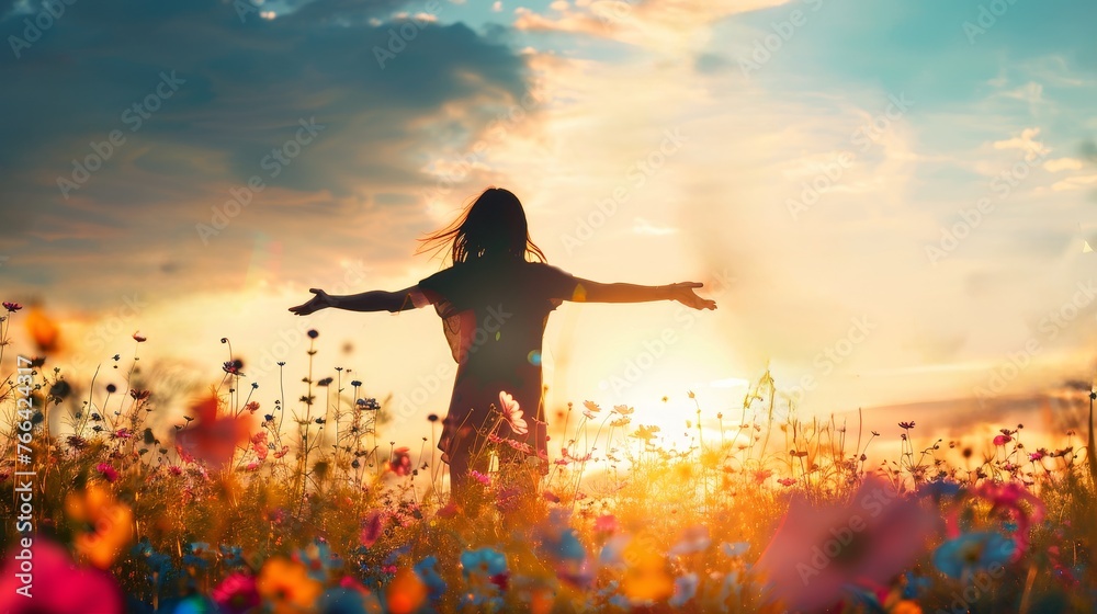 A woman standing in the middle of an open field with flowers, her arms ...
