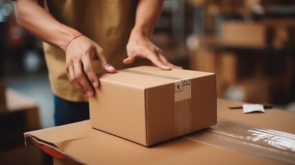 close-up of a man's hands packing a cardboard box in shop preparing for shipment e-commerce, logisti