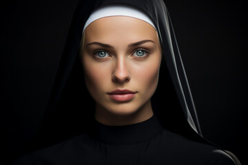 Mysterious religious person nun priest in church robe serious face expression Generative AI illustration