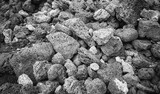Fototapeta Miasta - Black and white close up photo of pumice stones, nature background, Galapagos Islands, Ecuador.