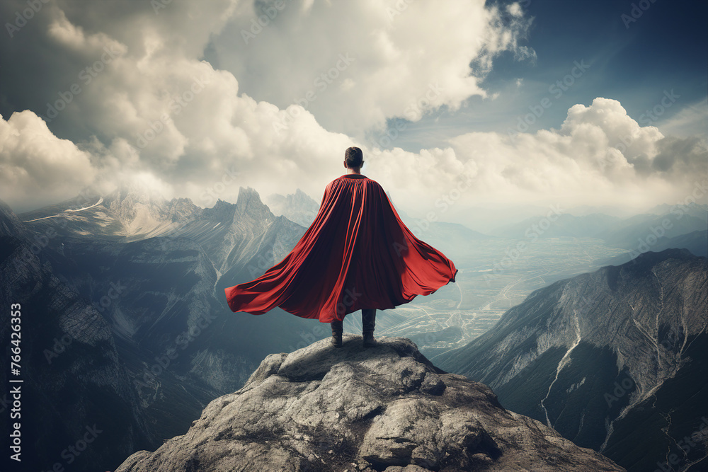 Businessman superhero with red cape standing and looking on the top of ...