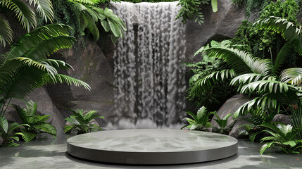  Image of a product display stand and a backdrop of a waterfall in the rainforest for displaying natural products. Ai generate.