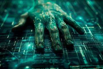 Poster - Cybernetic fingers interlaced with data streams, resting on circuit board, showcasing fusion of biology and technology. Bionic hand sprawled on electronic pathways, hints at the seamless integration