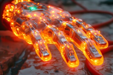 Poster - Radiant robotic hand simulates human warmth, technology's emulation of life with fiery circuits pulsing beneath its surface. Prosthetic limb glowing like molten lava, illustrates technological prowess