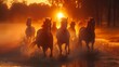 Wild Horses Running at Sunrise Through Misty Water