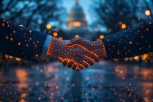 A Handshake Against The Backdrop Of A Blurred Capitol Building, Illuminated By The Soft Glow Of Lights.
