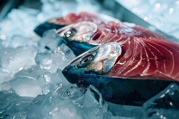 Wall Mural - Fresh tuna on ice, seafood market concept.