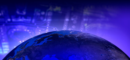 Poster - Planet earth near computer board. PCB background. Globe fragment. Horizontal cyber background. Computer board with neon glow. Cyber backdrop. 3d image planet earth, elements from nasa